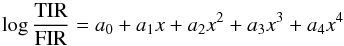 \begin{eqnarray*} \log \frac{\rm TIR}{\rm FIR} = a_0+a_1 x + a_2 x^2 + a_3 x^3 + a_4 x^4 \end{eqnarray*}