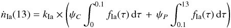 \begin{equation} \label{nia} \dot{n}_{\rm Ia}(13)=k_{\rm Ia} \times \left( \psi_C \int_0^{0.1} f_{\rm Ia}(\tau)\, {\rm d}\tau \, +\, \psi_P \int_{0.1}^{13} f_{\rm Ia}(\tau)\, {\rm d}\tau \right) \end{equation}