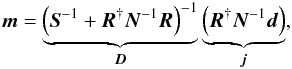 \begin{eqnarray} \label{eq:wf} \bb{m} = \underbrace{\left( \bb{S}^{-1} + \bb{R}^{\dagger} \bb{N}^{-1} \bb{R} \right)^{-1}}_{\bb{D}} \underbrace{\left( \bb{R}^{\dagger} \bb{N}^{-1} \bb{d} \right)}_{\bb{j}} , \end{eqnarray}