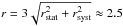 \hbox{$r = 3 \sqrt{r_{\rm stat}^2 + r_{\rm syst}^2} \approx 2.5$}