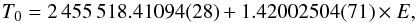 \begin{equation} T_{0}=2\,455\,518.41094(28)+1.42002504(71) \times E , \end{equation}