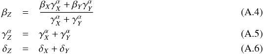 \appendix \setcounter{section}{1} \begin{eqnarray} \beta_Z &=& \frac{\beta_X\gamma_X^\alpha + \beta_Y\gamma_Y^\alpha}{\gamma_X^\alpha +\gamma_Y^\alpha} \label{eq:stability-beta} \\ \gamma_Z^\alpha &=& \gamma_X^\alpha +\gamma_Y^\alpha \\ \delta_Z &=& \delta_X + \delta_Y \end{eqnarray}
