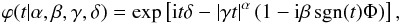 \appendix \setcounter{section}{1} \begin{equation} \varphi(t|\alpha,\beta,\gamma,\delta) = \exp\left[{\rm i}t\delta-|\gamma t|^\alpha\,(1-{\rm i} \beta\,\textrm{sgn}(t)\Phi)\right] , \end{equation}