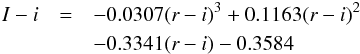\begin{eqnarray} \nonumber I-i &=& -0.0307(r-i)^3 +0.1163(r-i)^2 \\ & & \nonumber -0.3341(r-i)-0.3584 \end{eqnarray}