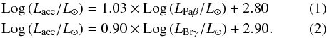 \begin{eqnarray} \label{PaB:eq} &&{\rm Log}\,(L_{\rm acc}/L_{\odot}) = 1.03 \times {\rm Log}\,(L_{\rm Pa\beta}/L_{\odot}) + 2.80 \\ \label{BrG:eq} &&{\rm Log}\,(L_{\rm acc}/L_{\odot}) = 0.90 \times {\rm Log}\,(L_{\rm Br\gamma}/L_{\odot}) + 2.90. \end{eqnarray}
