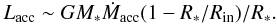 \begin{equation} \label{Macc1:eq} L_{\rm acc} \sim G M_* \dot{M}_{\rm acc} (1 - R_*/R_{\rm in}) / R_* . \end{equation}