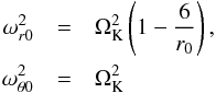 \begin{eqnarray} \omega^2_{r0} &=& \Omega_{\rm K}^2 \left(1-\frac{6}{r_0}\right), \nn \\ \omega^2_{\theta 0} &=& \Omega_{\rm K}^2 \label{epifreq} \end{eqnarray}