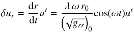 \begin{equation} \delta u_r = \frac{\mathrm{d}r}{\mathrm{d}t}u^t=\frac{\lambda \,\omega\, r_0}{ \left(\! \sqrt{g_{rr}} \right)_0}\mathrm{cos}(\omega t)u^t \end{equation}