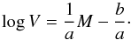 \begin{equation} \log V = \frac{1}{a}M - \frac{b}{a}\cdot \label{eq:tfri} \end{equation}