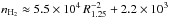 \hbox{$n_{{\rm{}H}_2}\approx5.5\times10^4\,R_{1.25}^{-2}+2.2\times10^3$}
