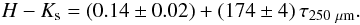 \begin{eqnarray*} H-K_{\rm s} = (0.14 \pm 0.02) + (174 \pm 4) \, \tau_{250~\mu\rm m}. \end{eqnarray*}