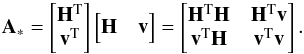 \appendix \setcounter{section}{5} \begin{eqnarray*} {\bf A}_*= \begin{bmatrix} {\bf H}^{\rm T} \\ {\bf v}^{\rm T} \end{bmatrix} \begin{bmatrix} {\bf H} & {\bf v} \end{bmatrix} = \begin{bmatrix} {\bf H}^{\rm T} {\bf H} & {\bf H}^{\rm T} {\bf v} \\ {\bf v}^{\rm T} {\bf H} & {\bf v}^{\rm T} {\bf v} \end{bmatrix}. \end{eqnarray*}