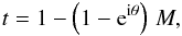 \begin{eqnarray} t=1 - \left(1 - {\rm e}^{{\rm i}\theta}\right)\,M, \label{eq:transmission_ZSPM} \end{eqnarray}
