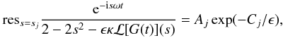 \appendix \setcounter{section}{1} \begin{eqnarray} \mbox{res}_{s=s_j}\frac{{\rm e}^{-{\rm i}s\omega t}}{2 - 2s^2 - \epsilon\kappa{\cal L}[G(t)](s)} = A_j\exp(-C_j/\epsilon), \label{eq:B9} \end{eqnarray}
