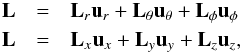 \appendix \setcounter{section}{2} \begin{eqnarray} {\vec L} &=& {\vec L}_r {\vec u}_r + {\vec L}_\theta {\vec u}_\theta + {\vec L}_\phi {\vec u}_\phi \nonumber \\ {\vec L} &=& {\vec L}_x {\vec u}_x + {\vec L}_y {\vec u}_y + {\vec L}_z {\vec u}_z , \end{eqnarray}