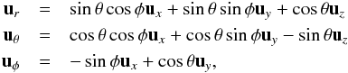 \appendix \setcounter{section}{2} \begin{eqnarray} {\vec u}_r &=& \sin \theta \cos \phi {\vec u}_x + \sin \theta \sin \phi {\vec u}_y + \cos \theta {\vec u}_z \nonumber \\ {\vec u}_\theta &=& \cos \theta \cos \phi {\vec u}_x + \cos \theta \sin \phi {\vec u}_y - \sin \theta {\vec u}_z \nonumber \\ {\vec u}_\phi &=& - \sin \phi {\vec u}_x + \cos \theta {\vec u}_y , \end{eqnarray}