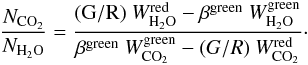 \begin{eqnarray} \frac{N_{\rm CO_{2}}}{N_{\rm H_{2}O}} = \frac{({\rm G/R})~W^{\rm red}_{\rm H_{2}O} - \beta^{\rm green}~W^{\rm green}_{\rm H_{2}O}}{\beta^{\rm green}~W^{\rm green}_{\rm CO_{2}}-(G/R)~W^{\rm red}_{\rm CO_{2}}}\cdot \label{abundance} \end{eqnarray}
