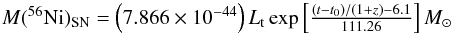 \begin{equation} \label{eq:2} \textstyle M(^{56}{\rm Ni})_{\rm SN} = \left(7.866\times10^{-44}\right) L_{\rm t}\exp\left[\frac{(t-t_{0})/(1+z)-6.1}{111.26}\right] M_{\odot} \end{equation}