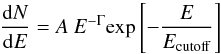 \begin{equation} \frac{\mathrm{d}N}{\mathrm{d}E}=A\: E^{-\Gamma}\mathrm{exp} \left[ -\frac{E}{E_{\mathrm{cutoff}}} \right] \end{equation}