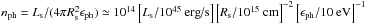 \hbox{$n_{\rm ph}=L_{\rm s}/(4\pi R_{\rm s}^2 \epsilon_{\rm ph})\simeq 10^{14}\left[L_{\rm s}/10^{45}\mbox{ erg/s}\right]\left[R_{\rm s}/10^{15}~\mbox{cm}\right]^{-2}\left[\epsilon_{\rm ph}/10\mbox{ eV}\right]^{-1}$}