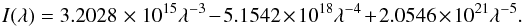 \begin{equation} I(\lambda) = 3.2028~\times\, 10^{15} \lambda^{-3} - 5.1542 \times 10^{18} \lambda^{-4} + 2.0546 \times 10^{21} \lambda^{-5}\label{eq:draine field}. \end{equation}