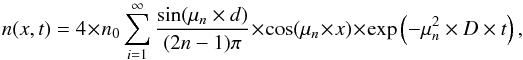 \begin{equation} \label{concentrationprofile} n(x,t)=4\times n_0\sum_{i=1}^{\infty}\frac{\sin(\mu_n\times d)}{(2n-1)\pi}\times\cos(\mu_n\times x)\times\exp\left(-\mu_n^2\times D\times t\right), \end{equation}