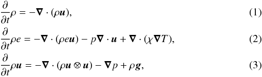 \begin{eqnarray} &&\frac{\partial}{\partial t} \rho = - \vec \nabla \cdot (\rho \vec u),\\ &&\frac{\partial}{\partial t} \rho e = -\vec \nabla \cdot (\rho e \vec u) - p\vec \nabla \cdot \vec u + \vec \nabla \cdot (\chi \vec \nabla T),\\ &&\frac{\partial}{\partial t} \rho \vec u = - \vec \nabla \cdot (\rho \vec u\otimes \vec u)-\vec \nabla p + \rho \vec g, \end{eqnarray}