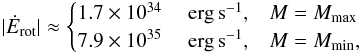 \begin{eqnarray} \label{eq:EdotmaxSGR1822} |\dot{E}_{\rm rot}| \approx \begin{cases} 1.7\times 10^{34}\quad {\rm~erg\,s}^{-1}, & M=M_{\rm max}\\ 7.9\times 10^{35}\quad {\rm~erg\,s}^{-1}, & M=M_{\rm min}, \end{cases} \end{eqnarray}