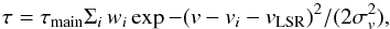\begin{equation} \tau = \tau_{\rm main} \Sigma_{i} \,w_i \exp{-(v-v_i-v_{\rm LSR})^2/(2\sigma_v^2)}, \end{equation}