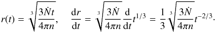 \begin{eqnarray} r(t) =\sqrt[3]{\frac{3 \dot{N} t}{4 \pi n}},~~~~ \frac{\mathrm{d}r}{\mathrm{d}t} = \sqrt[3]{\frac{3\dot{N}}{4 \pi n}} \frac{\mathrm{d}}{\mathrm{d}t} t^{1/3} = \frac{1}{3} \sqrt[3]{\frac{3\dot{N}}{4 \pi n}} t^{-2/3}\cdot \label{frontspeed} \end{eqnarray}