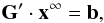 \begin{eqnarray} {\bf G'} \cdot \vec{x^\infty} = \vec{b}, \label{inhomogeneoussystem} \end{eqnarray}