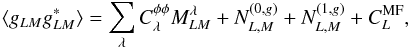 \begin{equation} \langle g_{LM} g^*_{L M}\rangle = \sum_\lambda C_\lambda^{\phi\phi} M^{\lambda}_{LM} + N^{(0,g)}_{L,M}+ N^{(1,g)}_{L,M}+ C_L^{\rm{MF}}, \label{eqmaskcl} \end{equation}