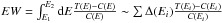\hbox{$EW= \int_{E_1}^{E_2} {\rm d}E \frac{T(E)-C(E)}{C(E)}\sim \sum \Delta (E_i)\frac{T(E_{i})-C(E_{i})}{C(E_{i})}$}