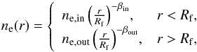 \begin{equation} n_{\rm e}(r)=\left\{ \begin{array}{ll} n_{\rm e, in}\left({{r}\over{R_{\rm f}}}\right)^{-\beta_{\rm in}}\!, & r<R_{\rm f},\\ n_{\rm e, out}\left({{r}\over{R_{\rm f}}}\right)^{-\beta_{\rm out}}\!, & r>R_{\rm f}, \end{array} \right. \label{eqn:density} \end{equation}