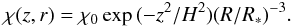 \begin{equation} \chi(z,r) = \chi_0 \exp{(-z^2/H^2)} (R/R_{*})^{-3}. \end{equation}