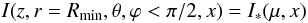 \begin{equation} I(z, r=R_{\rm{min}},\theta,\varphi < \pi/2, x) = I_*(\mu,x) \end{equation}