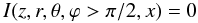 \begin{equation} I(z,r,\theta,\varphi > \pi/2, x) = 0 \end{equation}