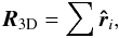\begin{equation} \label{Nsum} \boldsymbol{R}_{\mathrm{3D}} = \sum \boldsymbol{\hat r}_i , \end{equation}