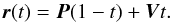 \appendix \setcounter{section}{1} \begin{equation} \boldsymbol{r}(t)= \boldsymbol{P} (1-t)+ \boldsymbol{V} t . \end{equation}