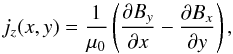 \begin{equation} j_z(x,y) = \frac{1}{\mu_0}\left ( \frac{\partial B_y}{\partial x} - \frac{\partial B_x}{\partial y} \right ), \label{eqn1} \end{equation}