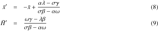 \begin{eqnarray} \label{eq:dpi}\x' &=& -\x + \frac{\alpha\lambda - \sigma\gamma}{\sigma\beta - \alpha\omega} \\ \label{eq:dh}\h' &=& \frac{\omega\gamma - \lambda\beta}{\sigma\beta - \alpha\omega} \end{eqnarray}