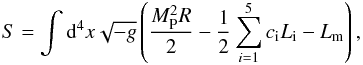 \begin{equation} \label{eq:action} S=\int {\rm d}^4x \sqrt{-g}\left( \frac{M_{\rm P}^2R}{2} - \frac{1}{2} \sum_{i=1}^{5} c_{\rm i} L_{\rm i} - L_{\rm m} \right), \end{equation}