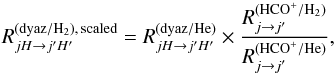 \appendix \setcounter{section}{1} \begin{equation} \label{eq:scaling} R_{jH\rightarrow j'H'}^{(\mrm{dyaz}/\mrm{H}_2),\,\mrm{scaled}} = R_{jH\rightarrow j'H'}^{(\mrm{dyaz}/\mrm{He})} \times \frac{R_{j\rightarrow j'}^{(\mrm{HCO}^+/\mrm{H}_2)}}{R_{j\rightarrow j'}^{(\mrm{HCO}^+/\mrm{He})}} , \end{equation}