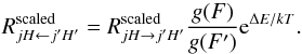 \appendix \setcounter{section}{1} \begin{equation} \label{eq:det-bal} R_{jH\leftarrow j'H'}^\mrm{scaled} = R_{jH\rightarrow j'H'}^\mrm{scaled} \frac{g(F)}{g(F')}\mrm{e}^{\Delta E/kT} . \end{equation}
