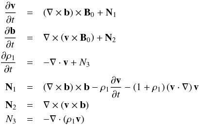 \begin{eqnarray} \label{equation_MHD} \frac{\partial \vec{v}}{\partial t} &=& \left(\nabla\times\vec{b}\right)\times\vec{B}_0 + \vec{N}_{1} \nonumber\\ \frac{\partial\vec{b}}{\partial t} &=& \nabla\times\left( \vec{v} \times\vec{B}_{0}\right) + \vec{N}_{2} \nonumber\\ \frac{\partial \rho_1}{\partial t} &=& -\nabla\cdot \vec{v} + {N}_{3}\nonumber\\ {\vec{N}}_1 &=& \left(\nabla\times\vec{b}\right)\times\vec{b} -\rho_{1}\frac{\partial \vec{v}}{\partial t} - \left(1+\rho_1\right)\left(\vec{v}\cdot\nabla\right)\vec{v} \nonumber \\ {\vec{N}}_{2} &=& \nabla \times \left(\vec{v}\times\vec{b}\right)\nonumber \\ {{N}}_3 &=& -\nabla \cdot \left(\rho_{1} \vec{v} \right) \end{eqnarray}