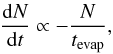 \begin{eqnarray} \frac{{\rm d}N}{{\rm d}t} \propto - \frac{N}{t_{\rm evap}}, \end{eqnarray}