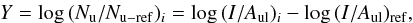 \begin{eqnarray*} Y = \log\,(N_{\rm u}/N_{\rm u-ref})_i = \log\,(I/A_{\rm ul})_i - \log\,(I/A_{\rm ul})_{\rm ref}, \end{eqnarray*}