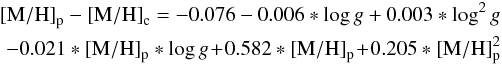 \begin{eqnarray} {\rm [M/H]}_{\rm p} - {\rm [M/H]}_{\rm c}=-0.076 - 0.006 * \log g + 0.003*\log^2g \notag\\ - 0.021* {\rm [M/H]}_{\rm p}*\log g\!+\!0.582* {\rm [M/H]}_{\rm p}\!+\!0.205*{\rm [M/H]}_{\rm p}^2 \label{eq:calib_meta} \end{eqnarray}