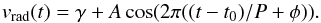 \begin{equation} \label{eq:cosinepuls} v_{\rm rad}(t) = \gamma +A\cos(2\pi((t-t_0)/P+\phi)). \end{equation}