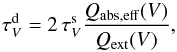 \begin{equation} \tau_V^{\rm d} = 2\,\tau_V^{\rm s} \frac{Q_{\rm abs,eff}(V)}{Q_{\rm ext}(V)}, \end{equation}